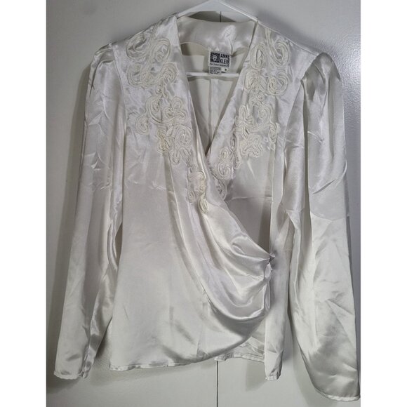 ANNE KLEIN VTG Womens SZ 8 Wrap Satin Applique Blouse Top Feminine White - Picture 2 of 11